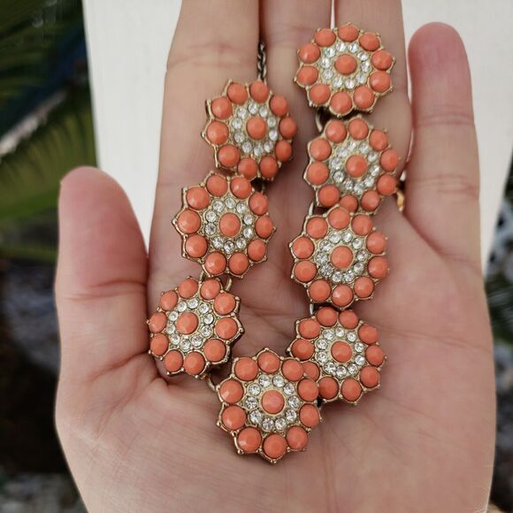 Premier Designs Coral Colored Flower Station Necklace, with clear rhinestones - Picture 2 of 9